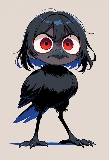 masterpiece, best quality, simple illustration, 1crow, full body,  huge eyes, loocking away  angry, cute,  vivid colors,