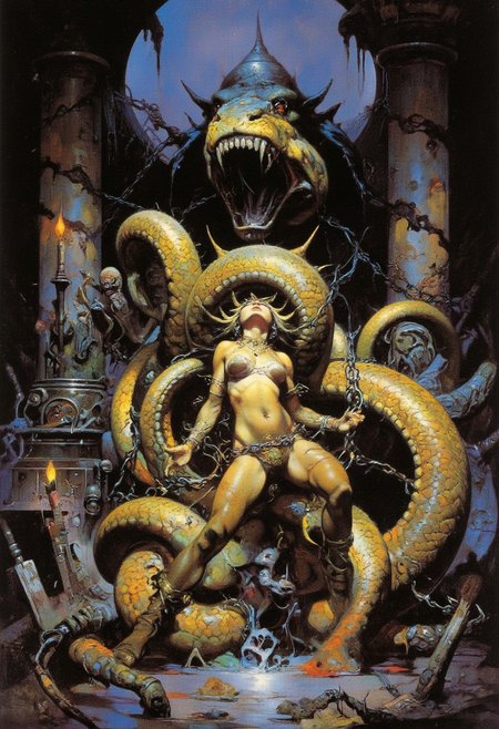 (((female focus)) ass focus Comic book style , very detailed epic masterpiece,
Boris Vallejo style, retro art style,  , Retro Sci style, beautiful slave girl chained with barbed wire to stainless steel dungeon floor,  tattered microbikini, torn clothes, legs splayed, crushed spirit, ornate tribal hairstyle, broken victim, legs spread , gasping, struggling, back arched, torches, spikes, strangled by giant golden python coiled around her throat and between her legs, heroic fantasy, fna_style, Comic book style