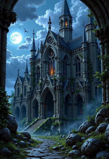 A breathtakingly detailed illustration of a Gothic-style, dilapidated church, set against a foreboding backdrop of a cloudy sky with a new moon, its soft, silvery light casting an eerie glow on the ancient stone walls, overgrown with ivy and moss, with intricate stone carvings and gargoyles adorning the structure, amidst a subtle mist that adds to the mystical ambiance, rendered in the finest, ultra-high resolution, with meticulous attention to texture, shading, and atmospheric lighting, evoking a sense of mystical wonder and haunting beauty.