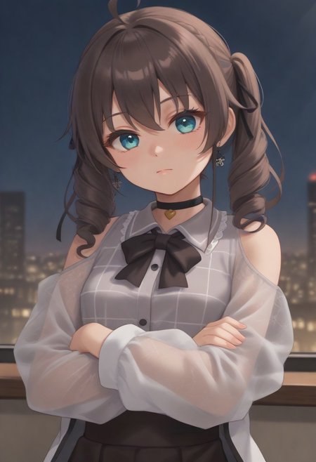 1girl, solo, solo focus, highres, absurdres, MatsuriMineGirl, brown hair, bangs, grey shirt, ahoge, twintails, black ribbon, black choker, hair between eyes, hair ribbon, brown skirt, shoulder cutout, collared shirt, flower earrings, black bowtie, blue eyes, white jacket, see-through sleeves, lace sleeves, plaid shirt, high-waist skirt, puffy short sleeves, medium hair, open jacket, small breasts, long sleeves, drill hair, braid,
looking at viewer, expressionless, closed mouth, head tilt, crossed arms,
indoor, cityscape, neon lights, window, dark, night, night sky, 
light particles, backlighting, shade, light rays, lens flare, shiny skin, fine fabric emphasis,