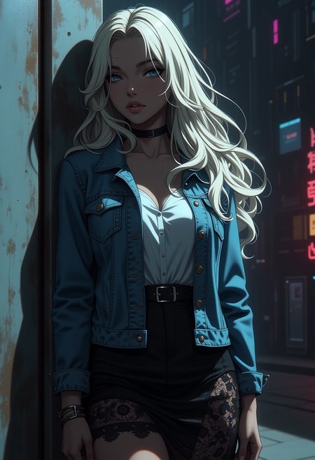 ultra realistic, high res, very aesthetic, masterpiece, absurdres, (high quality), detailed skin, detailed character design, ultra-high resolution, perfectly composed, clear, breathtaking attention to details, ultra detail, perfect hands, platinum blonde femme fatale, japenese woman, flowing hair, wearing denim jacket, white blouse, black lace skirt, leaning against a futuristic sci-fi streetcorner, outdoors, silhouetted, dark night, directional lighting, dutch angle, cowboy shot