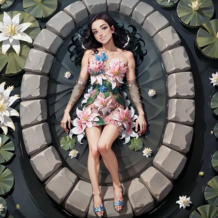 score_9. score_8_up, score_7_up, score_6_up, score_5_up, score_4_up, source_anime, film noir style (laying in shallow water, lilies surround her:1.3), from above, woman, smile, fl0r4l_1, floral dress, stiletto high heels, <lora:Floral_dress_pony_9:0.8>, dramatic, cinematic, best quality, high detail, high quality, high res, 4k,eyeliner, pouty lips, blue eyes, detailed skin texture, monochrome, high contrast, dramatic shadows, 1940s style, mysterious, cinematic