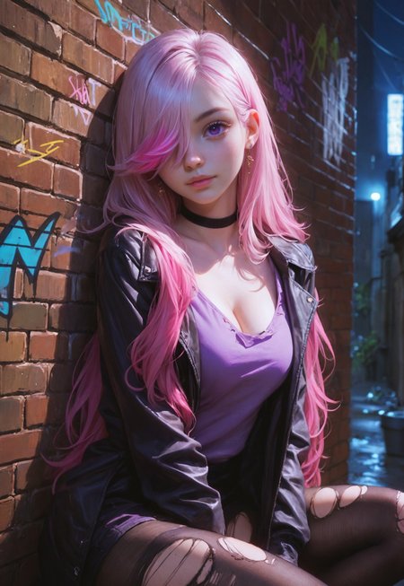 safe_pos, score_9, score_8_up, score_7_up, realistic, 1girl, solo, very cute, beautiful, long hair, pink hair, pink highlights, hair over one eye, purple eyes, earrings, sharp eyes, black choker, sexy shirt, torn legwear, cleavage, open jacket, sexy, cute, night, against wall, brick wall, graffiti, dim lighting, alley, looking at viewer