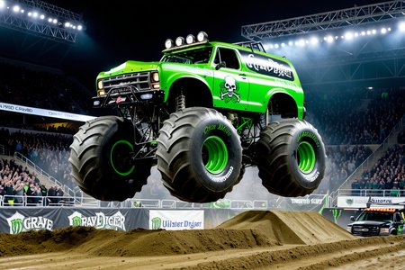 (The Grave Digger Monster Truck), black paintwork, green decals, Jumping high above cars, Arena show, huge crowds in the stands, competition, arena show lighting, view from stands, UHD,  painstaking attention to details