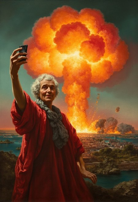 nuclear bomb explosion in the background,sporty granny taking a selfie on showing thumbs up, fish-eye effect, explosive fire