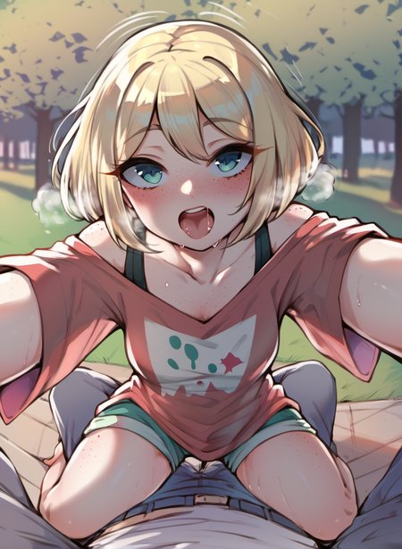 score_9, score_8_up, score_7_up, score_6_up, score_5_up, score_4_up, 
1girl, 1boy, pov, reverse upright straddle, girl on top, sex, medium hair, blonde hair, freckles, open mouth, heavy breathing, implied sex, oversized clothes, reaching towards viewer, park,
<lora:ponyxl-upright_straddle-concept-v01:1>