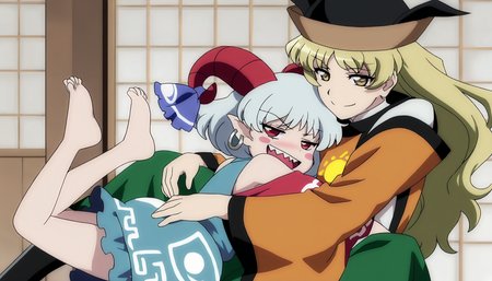 masterpiece,best quality,<lora:tgm-noob05:1>,anime coloring,
multiple girls,2girls,horns,barefoot,blonde hair,boots,toutetsu yuuma,hat,earrings,jewelry,long hair,matara okina,hug,red eyes,green skirt,skirt,horizontal pupils,detached sleeves,dress,open mouth,pointy ears,white hair,teeth,wide sleeves,blush,black headwear,sharp teeth,tabard,sheep horns,smile,black footwear,feet,yellow eyes,parody,toes,short hair,yuri,soles,red horns,brown headwear,long sleeves,knee boots,looking at viewer,blue dress,ribbon,red sleeves,horn ornament,brown eyes,full body,style parody,
