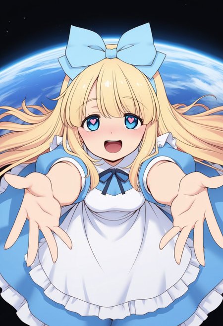 (anime coloring:1.8), (anime screencap:0.5), (masterpiece, best quality, newest, absurdres, highres), official art, official style, colorful,
black background, earth \(planet\), space, wide shot, 
indoors, light blue bow, 
1girl, alice \(alice in wonderland\), 
carry me, heart-shaped pupils, 
solo,
arms up,posing, 
light blush, open mouth, heart, smile, blush, open hands, 
 from above, (close-up, )
incoming hug, 
looking at viewer, 
 <lora:Tomoki_Tomonori_ともきとものり_Style__Illustrious-XL:0.8> tomoki tomonori,