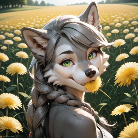 score_9, score_8_up, score_7_up, score_6_up,  female Anthro, White Cheeks, gray fur, green eyes, beautiful eyes, wolf tail, Gray Long Hair, Swept Bangs, Gray Twinbraids, on field, dandelion in mouth, yellow dandelion flower, biting dandelion, sideview, smile