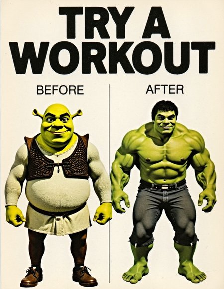 vintage 'before & after' ad. The headline reads "TRY A WORKOUT" in bold typography. The ad features a dramatic before-and-after comparison. The "BEFORE" image shows Shrek. In the "AFTER" image, is Hulk.