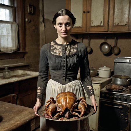 full body portrait horror daguerreotype of circa 1850 woman, holding roasted alien turkey trilobites on a platter, in old kitchen, wearing a cotton revealing sexy dirty old ripped dress made of cotton, detailed face, monsters, intricate detail