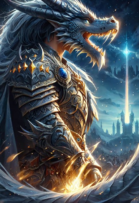4k, high resolution, best quality, perfect colors, perfect shadows, perfect lighting, final showdown super illustration extremely detail, story of the brave, light sky,  glory, supernatural existence, events when hope exists, seek more power, riding dragon with a glittering in a sparkling land, dragon riding, knight armor is strong and shiny, head covering with tails, aura of power, all range, starlight, bright moon, determinasi eyes, dashing and handsome, in light, beautiful detail, glittering, until the afterlife, feel the last time, heartbeat double exposure, an impending strong enemy, oil painting, fantasy, digital art, highly detailed, overall detail, atmospheric lighting, Awash in a haze of light leaks reminiscent of film photography,  awesome background, highly detailed styling, intricate details, highly detailed, cinematic,