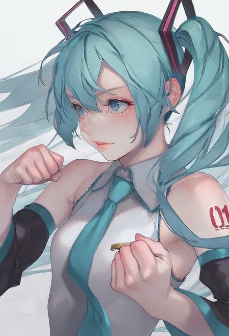 realistic, Sortilege_ST, masterpiece, best quality, very aesthetic, very awa, 1girl, masterpiece, upper body, hatsune miku, , perfect eyes, clenched hand,