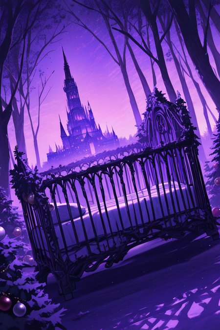 realistic shading, dim lighting, purple theme, dacrib, christmas-crib focus, dacrib_christmas ornaments, no humans, castle, tower, forest, outdoors, dark environment, fantasy, dutch angle, dynamic angle, intricately detailed illustration, masterpiece, best quality, amazing quality, very aesthetic, absurdres, newest