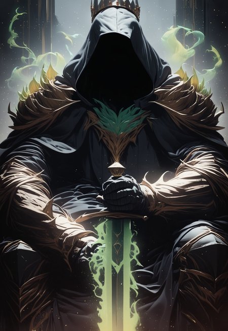 score_9, score_8_up, rating_safe, front view,
a king sitting on the throne, holding sword, hood, faceless, long hood, (wearing a crown), green flames surround him, mysterious, magic surround him, soul knight, darkness power, evil