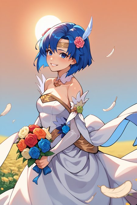 score_9, score_8_up, score_7_up, score_6_up, source_anime, 1girl, solo,  <lora:fecatria-pdxl-nvwls-v1-000006:1> brdCtra, blue hair, medium hair, blue eyes, hair flower, red flower, feather hair ornament, white headband, detached collar, wedding dress, detached sleeves, strapless, holding bouquet, from side, looking at you, sunset, field, smile, tearing up, blush