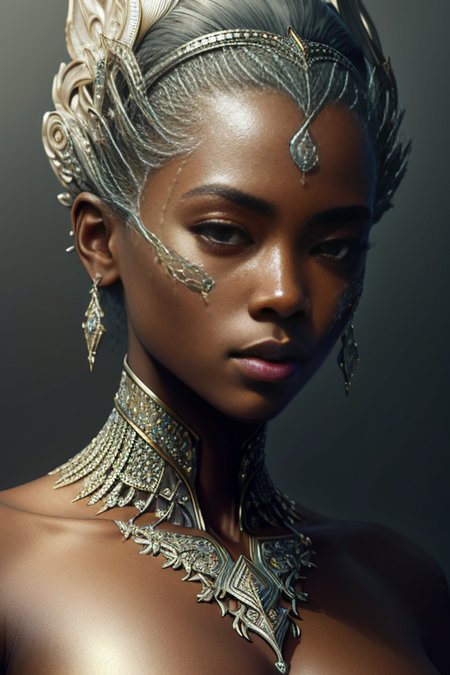 Portrait of a beautiful dark skin queen, heavenly, sexy fit body, insanely detailed and intricate realistic digital inspired by illustration by Yana Toboso, Ismail Inceoglu, Hayao Miyazaki, M.W. Kaluta and Yoshitaka Amano, a masterpiece, close-up, 32k resolution, trending on artstation, delicate, watercolor, soft, forest background, perfect composition, beautiful detailed intricate insanely detailed octane render trending on artstation, 32k artistic photography, photorealistic concept art, soft natural volumetric cinematic perfect light, chiaroscuro, award - winning photograph, masterpiece, oil on canvas, greg rutkowski, sf, intricate artwork masterpiece, ominous, matte painting movie poster, golden ratio, trending on cgsociety, intricate, epic, trending on artstation, by artgerm, h. r. giger and beksinski, highly detailed, vibrant, production cinematic character render, ultra high quality model