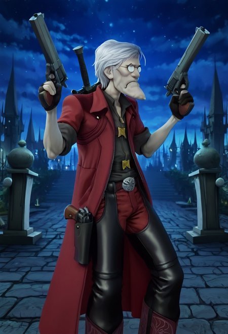 masterpiece, high quality, highest detail, semi-realistic,  (solo:1.3), 1boy, Eustace, Bagge, glasses, grumpy expression, sharp chin, detailed face, medium white hair, open black collared shirt, open collar, zipper, chest belt, red coat, trench coat, sleeves rolled up, black gloves, partially fingerless gloves, buckle, black chaps, red pants, cowboy boots, dante, luminous effects, A3THER, two pistols, (holstered sword on back:1.3), devil_may_cry, negative_hand, da4e3, (dual pistols:1.3), detailed background, gothic citiscape background, grimdark, night, spires,