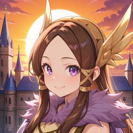 <lora:ValkyrieYggdraIL:0.95> ,  valkdef, 1girl, purple eyes, brown hair, long hair, winged hairband, fur cloak, yellow tunic, ((face, close-up, portrait)), exterior, sun, castle, ramparts, looking at viewer, smile, masterpiece, very aesthetic, absurdres, best quality, amazing quality, high resolution, newest, very awa, <lora:illustrious_quality_modifiers_masterpieces_v1:0.8> , <lora:ChamIllustriousBackgroundEnhancer:0.5>,   solo,