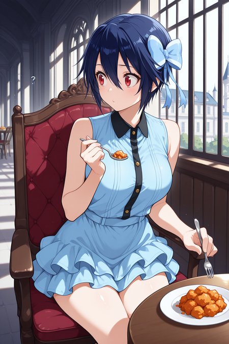 masterpiece, best quality, 1girl, solo, <lora:tsugumi-illu-nvwls-v1-000007:1> sstsu, dark blue hair, short hair, hair between eyes, red eyes, mole under eye, breasts, hair bow, light blue bow, collared dress, light blue dress, sleeveless dress, short dress, layered skirt, sitting, table, chair, mansion, holding fork, plate of food, looking to the side, confused, holding spoon