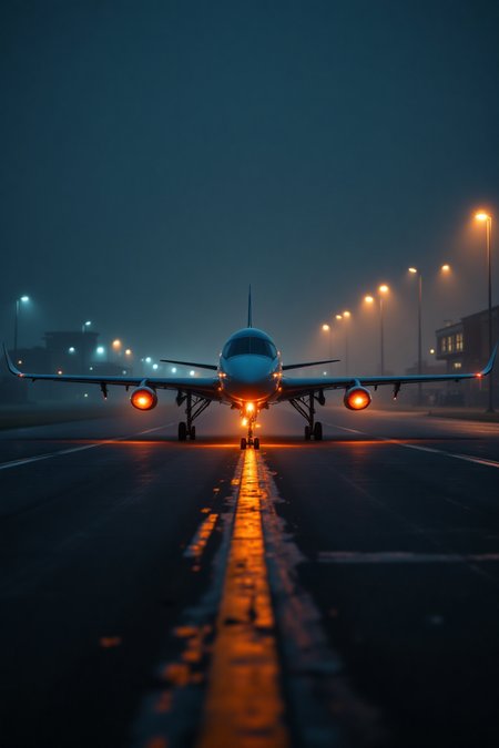 "Generate a highly detailed image of a fictional aerial vehicle landing on a real airport runway during a foggy night. The airport runway should be meticulously crafted, including runway lights, airport buildings, and ground support equipment. The aerial vehicle must exhibit a unique and aerodynamic design, as if constructed from lightweight, high-strength materials. The orange light should be reflected from the runway lights and the vehicle's landing lights, creating a warm, inviting glow. A thick fog should blanket the runway, obscuring distant objects and creating a sense of isolation."