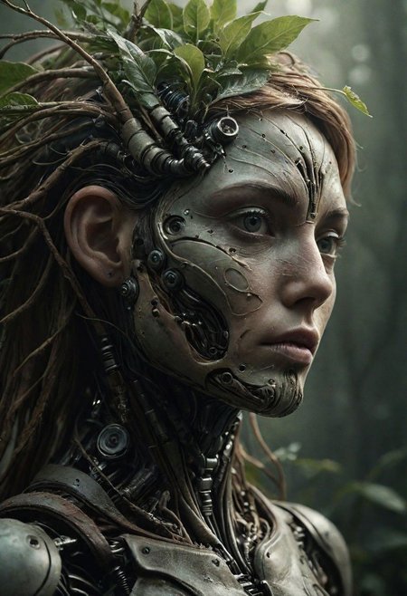 Craft a descriptive prompt for a photograph featuring Mother Nature embodied as a fusion of plant life and sci-fi cyborg elements, expressing concern as she gazes upon an image of a human.
very detailed, atmospheric haze, Film grain, cinematic film still, shallow depth of field, highly detailed, high budget, cinemascope, moody, epic, OverallDetail, gorgeous, 2000s vintage RAW photo, photorealistic, candid camera, color graded cinematic, eye catchlights, atmospheric lighting, skin pores, imperfections, natural, shallow dof