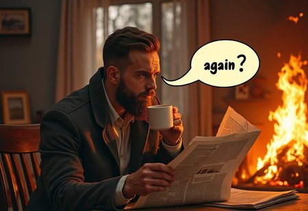 a man with a newspaper drinks coffee in a burning house, distracted from reading the newspaper, a monologue bubble with the text "again?"
