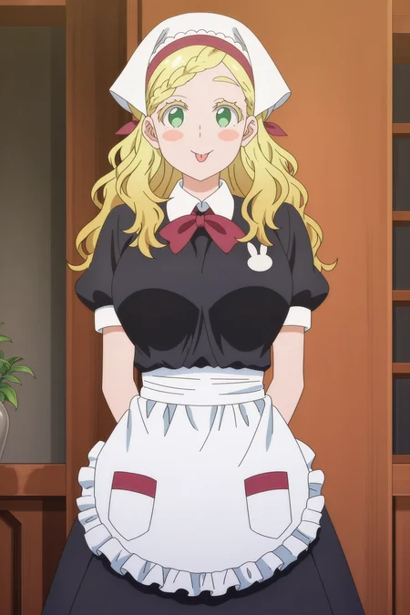anime screencap, anime coloring, detailed face, masterpiece, best quality, very aesthetic, absurdres, volumetric lighting, official style, amazing quality, ultra detailed, highres, amazing quality, scenery, beautiful detailed hair, beautiful detailed eyes,
<lora:StS-Illustrious-Detail-Slider-v1.0:4>
indoors, girl is 18 years old,
<lora:Carol_Olston_Tomo-chan_is_a_Girl_-_Illustrious_V3:1> Olston (character), 1girl, solo, blonde hair, wavy hair, blonde eyebrows, long hair, large breasts, blush stickers, 
Carol work uniform (outfit), pantyhose, apron, black pantyhose, braid, dress, bow, waist apron, wavy hair, puffy sleeves, cowboy shot,
happy girl, :p, sticking out tongue at viewer, playful expression
