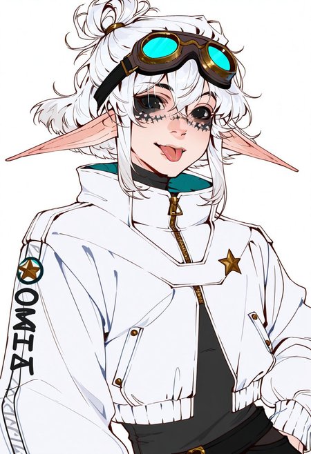 best quality, detailed face, detailed eyes
masterpiece, best quality, very aesthetic
by val
\
1boy, :p, alien, black eyes, goggles, goggles on head, jacket, long sleeves, looking at viewer, male focus, open jacket, pointy ears, sleeves past wrists, solo, star \(symbol\), tongue, tongue out, upper body, white background, white hair, white jacket, zipper