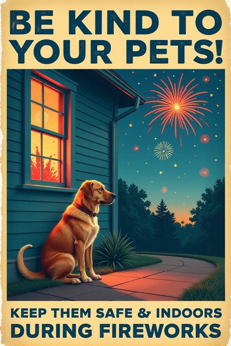 A vintage-style poster featuring a sad-looking dog cowering inside a house with closed windows, while colorful fireworks explode safely in the distance outside. The text in a gentle, blue font reads: "BE KIND TO YOUR PETS! Keep Them Safe and Indoors During Fireworks." Emphasize the importance of animal safety during celebrations.  <lora:REMEs_War_Poster_Style:0.95> In REME's War Poster Style,âââ