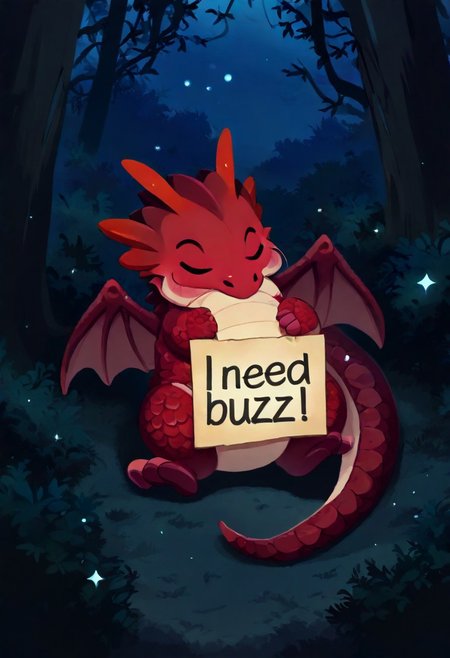 best quality, amazing quality, very aesthetic, absurdres, high quality, masterpiece, source anime, 
pikaole, cute, animal focus,
solo, baby dragon, red scales, sleeping, curled up, under tree,
need_buzz, holding sign that says "Need Buzz",
outdoors, night, detailed background,