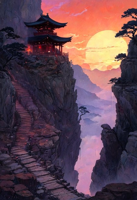 A dynamic inkpunk anime-inspired artwork showcasing a detailed ink sketch in vibrant red and deep black. Depict a serene Shinto shrine perched atop a majestic mountain, with a lengthy flight of stone steps leading up to it. Surround the shrine with a dramatic canyon and a deep ravine, enhanced by the enchanting hues of a sunset spilling across the horizon. Wispy mist envelops the scene, adding an air of mystique, while the sky transitions from warm oranges to cool purples. The image evokes a sense of wonder and spiritual tranquility., Moebius art style,