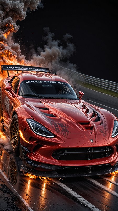 dynamic angle, masterpiece, award winning picture, Dodge Viper, DTM car racing, Fire, at night, futuristic background, hyper detailed, intricate, poster, artstation, epic, ultra detail, intricate details, UHD (Use Dream Diffusion Secret Prompt), Hendra Data, Pandora Palette, Epic, UHD <lora:Any_Car_Detailer_-_By_DICE:1>