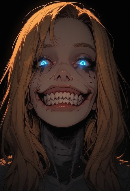 (score_9, score_8_up), score_7_up, score_6_up,  volumetric lighting, BREAK, Ellie_Buckingham 1girl, solo, blue eyes, blonde hair, long hair, breasts, large breasts, 
1 girl, portrait shot, close up on face, teeth, open mouth, smile, grin, sharp teeth, glowing eyes, g0thicPXL, glowing, neon,
y0u4r34lr34dyfuck3dupsm1l3, YouAreAlreadyFuckedUpSmile, sololevelingstatuesmile,
dark background, horror, partially covered in shadow 
sinozick style
volumetric lighting
face half in shadow
flat color, dark theme