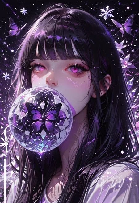 (Theme: Draconic Crystals). masterpiece, newest,absurdres,incredibly absurdres,1girl, Miki, solo, bug, butterfly, bangs, black hair, looking at viewer, long hair, blunt bangs, covered mouth, purple eyes, purple theme, eyelashes, flower, pink eyes, snowflakes look like crystals, 
dark_theme,abstract background, 
depth of field,white sphere on the background
<lora:DetailedEyes_V3:1> <lora:USNR_STYLE_ILL_V1_lokr3:0.45> usnr <lora:ponyv6_noobV1_2_adamW:0.9> <lora:GENESIS_MK0.2:0.5>  <lora:KoreanStyleSDXLvpred10:1> AiKoreanStyle, lips, korean, asian <lora:KRGRL-IL:1>