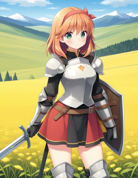 (cub3s0ft),   <lora:1_illu_cubesoft_15e:1>, 1girl, armor, sword and shield, skirt, freckles, orange hair, medium hair, green eyes, field, mountains, (masterpiece, best quality, amazing quality),