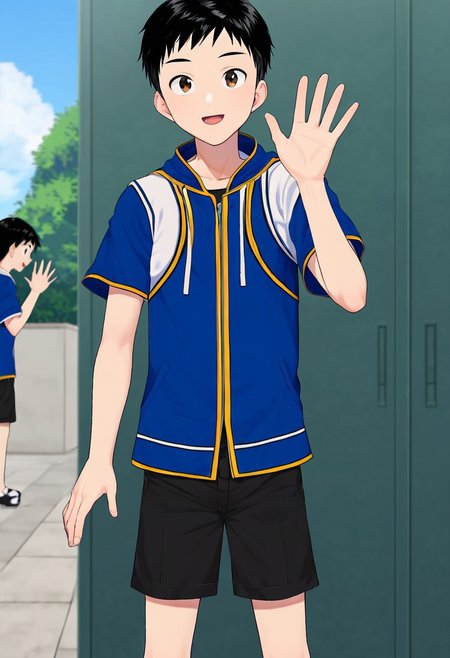 harmard, black hair, short hair, brown eyes, 1boy, solo, solo focus, wear open clothes, short sleeve, blue clothes, half clothes, wear black shorts, outdoor setting, waving hand gesture