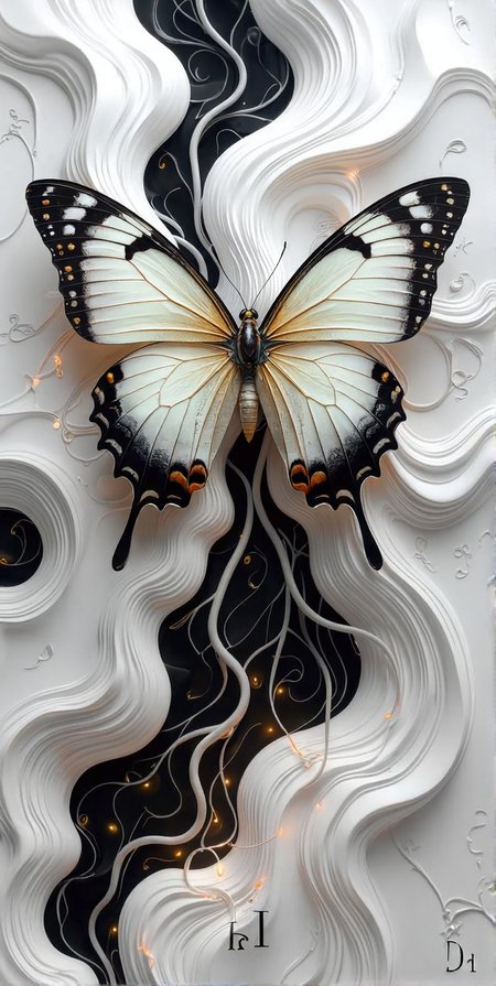 A hyper-detailed, biomechanical butterfly with wings that appear almost porcelain-like, transitioning from a pure, ghostly white at the center to inky black at the tips, adorned with fine, golden veins that glow faintly. The insect’s thorax and lower body morph into an intricate mass of elongated, sinewy tendrils resembling neural pathways or delicate roots, cascading downward into an abyss of darkness. The background consists of an ethereal, almost liquid expanse of swirling white and gray textures, resembling flowing marble or organic tissue, infused with an enigmatic, glowing energy. The butterfly exudes an eerie yet mesmerizing presence, as if it is a celestial being suspended between worlds, both fragile and powerful in its surreal elegance.