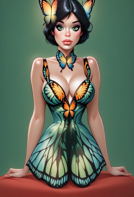 score_9,score_8_up,score_7_up,score_6_up,score_5_up,score_4_up,  easynegative, negative_hand, dystlye, 1girl, (((1girl, busty, seated pose, butterfly dress: 1.35))), straight bob black hair, super plump lips, cute face, really big round breasts, easynegative, negative_hand, faded green eyes, sexy sitting pose, looking at viewer, solo, (((butterfly dress: 1.34))), (((christmas background))) (((christmas background)))