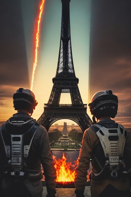 A photo of a futuristic setting, aliens, war, one Tour Eiffel, fire