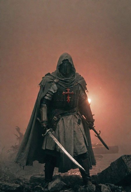 dark n-eeyblch, Create a vivid description of a close-up photo capturing the essence of tentacles from the 1860s, a desolate Templar knightess amidst ruins, holding a sword, adorned in weathered, rusty armor and draped with a tattered white linen cape embellished with a bold red Templar cross. Let the scene evoke the passage of time, the weight of history, and the resilience of the warrior spirit. atmospheric haze, Film grain, cinematic film still, highly detailed, high budget, cinemascope, moody, epic, OverallDetail, gorgeous, 2000s vintage RAW photo, photorealistic, candid camera, color graded cinematic, eye catchlights, atmospheric lighting, skin pores, imperfections, natural, shallow dof