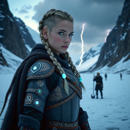A captivating image emerges, focusing on a viking_punk warrior-princess with her presence commanding attention in the icy wasteland. Her futuristic viking armor based on traditional viking armor, a seamless fusion of technology and her athletic form, slim-athletic form highlights her strength and agility. The warrior's twin braids with shaved sides, frames her determined expression, while her piercing eyes bore into the viewer. Ancient runes are etched into her battleaxe and armor, crackling with mystical glowing energy. The frozen landscape, a testament to her people's resilience, stretches into the distance, where dark, ominous clouds partially veil the rugged mountainous pass, filling the air with crispness and the promise of lightning. This artwork, with its Nordic and Viking-inspired elements, captures the essence of a powerful futuristic figure, seamlessly blending ancient traditions with futuristic innovations. Beauty, chiaroscuro, play of shadow and light, realistic,   <lora:scifi/fluxVikingPunk_v2.safetensors:0.7>,  <lora:flux_trainer/fluxPunk_v1.safetensors:1.0>,