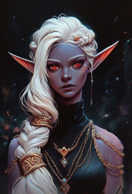 score_9, score_8_up, score_7_up, score_6_up, ncpy13 style, pastels drawing, dark elf woman, purple skin, red eyes, elf ears, white hair in a long braid over one shoulder, wearing a long black dress with gold and purple embroidery