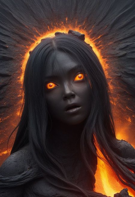 (Image of a horrifying woman emerging from the magma:1.5), slime hair made of lava,dripping lava from body,body made of lava,magma covered arms,(lava monster:1:1)blank orange eyes,charred skin,bangs covering face,blank orange eye,big hands,(closed mouth),volcanic magma lakes,volcano,fiery mountains backgrounds,horror,obscured skied,lava fields,face close up