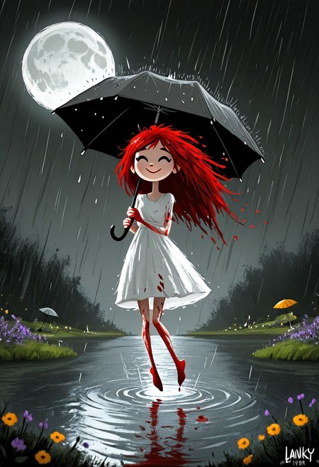 Dark whimsical art, an amazing creative picture, 1 girl , lanky thing legs, lanky thing hands, happy face, white short dress, blood hair, jumping pose, water lake, umbrella, rain, dark, flowers, background full moon