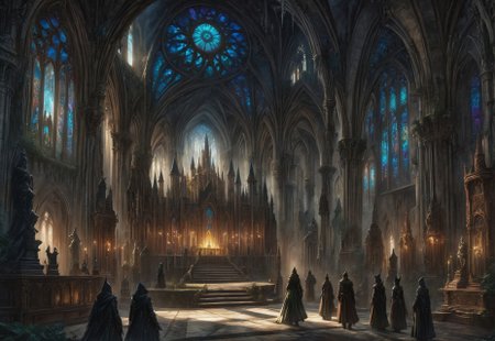 1other, indoors, balcony, (stained glass, colorful, window:1.3), tower, stairs, multiple others, ambiguous gender, fantasy, architecture, altar, standing, weapon, multiple boys, arches, flying buttresses, (low-angle high-angle shot of a grand hall capturing the castle's grandeur:1.2). 

The castle is decorated with antique furniture and statues. Two hooded acolytes, dressed in dark clothing, are performing a dark ritual at an altar. A disturbing and ominous scene inside a gothic castle., The illustration captures a sense of mystery and intrigue., 

crepuscular rays, volumetric lighting, light bloom, (deep glow effect:1.3), 

anime artwork, anime style, studio anime, realistic, hyperrealism, 

highly detailed, masterpiece, best quality, very aesthetic, absurdres, cinematic lighting, 

DonM3t3rn1tyXL, Bloodborne, artchlr, DonMG414XL, otclillsn, 
