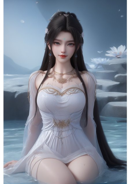 (looking_at_viewer:1.4),full_shot,1girl,solo,dress,hair ornament,portiart,from front,masterpiece,(best quality),official art,extremely detailed cg 8k wallpaper,crystalstexture skin,(extremely delicate and beautiful),solo,realistic,photo_\(medium\),hiqcgbody,chinese background,eye-contact,(smile:0.7),jewelry,absurdres,incredibly absurdres,huge filesize,<lora:æ¸æ¼ª_V1-000001:1>,lying_on_water,