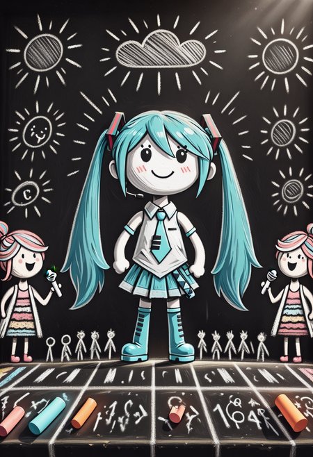 ch4lkdr4w, chalk drawing, highly-detailed, best quality, masterpiece,  very aesthetic, 1girl, Miku, singing, microphone, stage, audience , chalk, black background