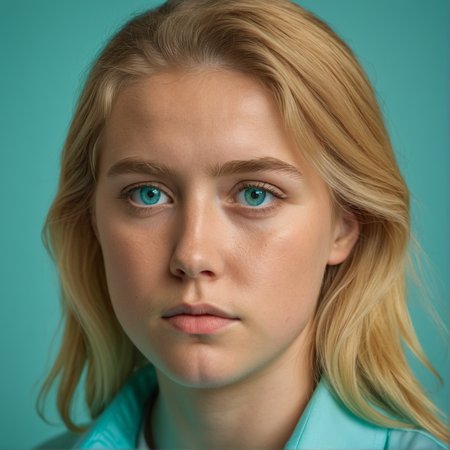 RAW photograph, Danish woman, 25 years old, golden blonde hair, aqua eyes,  medium close-up shot,  shot from the front, thoughtful expression, neutral uniform photostudio background, highly detailed, professional, soft volumetric lighting,  photographed on a Canon EOS R5, 50mm lens, F/2.8, HDR, 8k resolution, highres, high detail,