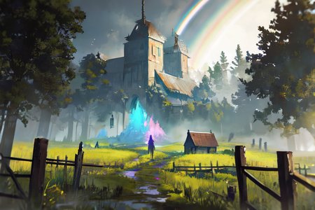 (otherworldly), highly insanely detailed, masterpiece, top quality, best quality, highres, 4k, 8k, RAW photo, (very aesthetic, beautiful and aesthetic), farm, fields, barn, fence, fantfa, <lora:FantasyFarm-10:0.7>, 
1girl, 
(elegant white hair ,rainbow hair,Iridescence hair), 
(a colorful background,neon color,gradient background,multicolored background),âââ